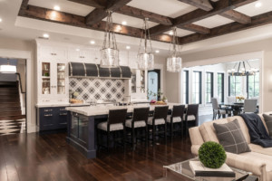 Large gourmet kitchen with custom beams